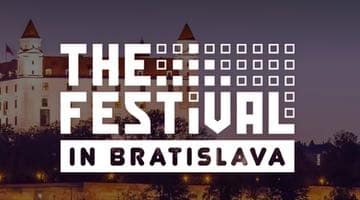 Logga för The Festival in Bratislava med Bratislava i bakgrunden