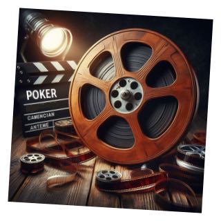 Bilden visar en gammaldags filmrulle till en videofilm. I bakgrunden syns en klappbräda med texten poker.