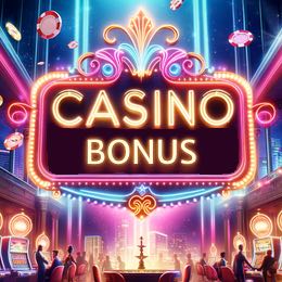 En neonbelyst skylt med texten "CASINO BONUS" framträdande placerad mot en lyxig casinobakgrund med skimrande ljus och spelbord.