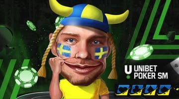 En pokerspelare klädd i blågul vikingahatt. På kinderna har han målat svenska flaggan. Intill finns loggan för Poker sm online samt svenska pokerförbundets logga. 