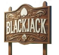En träskylt med texten Blackjack i vita bokstäver.