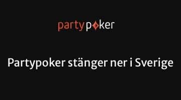 partypokers logga mot svart bakgrund. Under loggan finns texten "Partypoker stänger ner i Sverige"