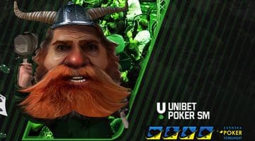 Bild på en rödhårig man med rött skägg, vikingahjälm och stenklubba. I hörnet syns loggan för unibet poker och Svenska Pokerförbundet