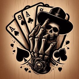lllustration av en skelett-hand som håller i "Död mans hand" (två svarta ess och två svarta åttor), tillsammans med en dödskalle som bär en cowboyhatt. Bilden har en mörk och dramatisk stil med en vintage-estetik.