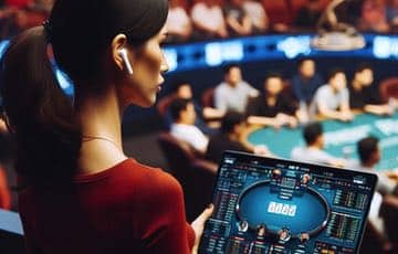 En kvinna står i publiken med en bärbar dator och analyserar pokerspelet i en turnering.