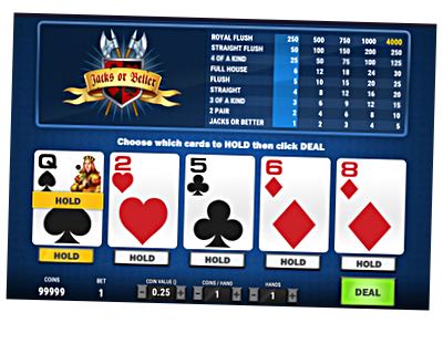 Jacks or Better - en variant av videopoker. Spelaren har fått handen Qs, 2h, 5c, 6d, 8d och har valt att behålla spader dam. Resten av korten ska bytas ut.
