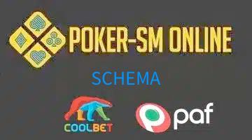 Logga för poker-SM online, coolbet och Paf. I mitten av bilden står texten "schema"