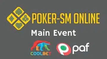 Loggor för Pokerförbundets online-SM, Coolbet och Paf. I mitten av bilden står texten "Main Event"