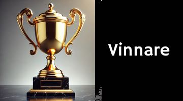 Till vänster i bilden syns en guldpokal, till höger står texten "vinnare"