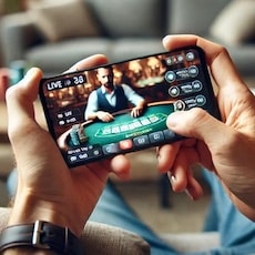 En person spelar live casino i mobilen
