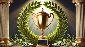 En guldpokal med en vinnarkrans i bakgrunden.