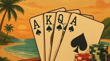 En illustration som föreställer fyra spelkort (ess, kung, dam och knekt i spader) och en hög med marker på ett pokerbord med en tropisk strand i bakgrunden. Palmer, hav och en solnedgång ger en semesterlik känsla.