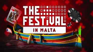 En färgglad träbåt som omgärdas av loggan för The Festival Malta, spelmarker och spelkort