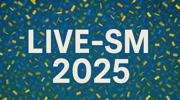 Blått och gult konfettiregn med texten LIVE-SM 2025 i stora vita bokstäver i mitten.