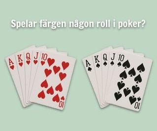 Bild med rubriken "Spelar färgen någon roll i poker?" Under bilden finns två pokerhänder. Den ena är en royal flush i hjärter, den andra en Royal flush i spader
