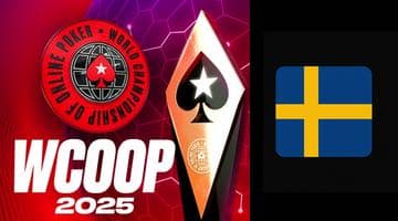 Banner med loggan för WCOOP 2025. Till höger finns ett svart fält med svenska flaggan. Flaggan ska symbolisera svenskarnas framgångar i WCOOP.