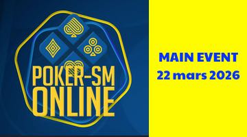 Logga för poker-SM online samt texten "Main Event 22 mars 2026" till höger i bild.