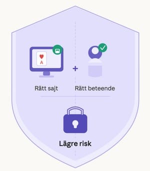 En infografik om onlinesäkerhet för poker. I mitten syns en sköld med en hänglås som symboliserar skydd. Skölden är delad i två halvor: den vänstra visar en datorskärm med ett låssymbol och texten "Rätt sajt", den högra visar en person med en bock och texten "Rätt beteende". Tillsammans leder de till "Lägre risk".