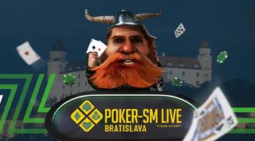 Banner för unibets kvalsatelliter till live-SM i Bratislava. I bilden syns en viking med hjälm framför en borg. I bakgrunden syns spelkort som flyger. Längst ner i bilden ligger ett pokerbord med texten "Poker-SM live Bratislava"