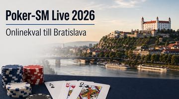 Bild med pokermarker och spelkort framför Bratislavas stadssiluett, i vänster hörn står det "Poker-SM Live 2026 - onlinekval till Bratislava"