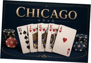 Pokerhand med fem spelkort under texten Chicago, skapad som illustration till en artikel om kortspelet Chicago