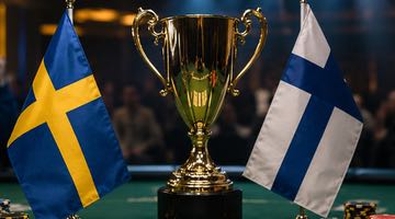 Pokerbord med spelkort, marker och en pokal placerad mellan Sveriges och Finlands flaggor. Bilden symboliserar Pokerlandskampen mellan Sverige och Finland.