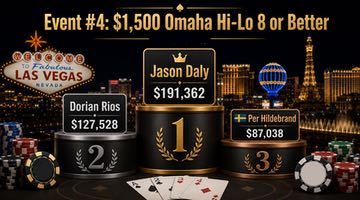 Prispall som visar slutresultatet i WSOP Event #4 Omaha Hi-Lo, där Jason Daly vann före Dorian Rios och svenske Per Hildebrand slutade trea.