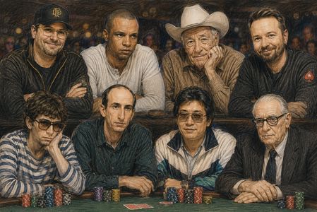 Tecknad gruppbild av några av de bästa pokerspelarna genom tiderna samlade runt ett pokerbord med marker och spelkort framför sig. I bilden syns Phil Hellmuth, Phil Ivey, Doyle Brunson, Daniel Negreanu, Stu Ungar, Erik Seidel, Johnny Chan och Johnny Moss.